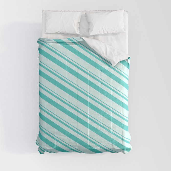 Turquoise and Light Cyan Colored Lined/Striped Pattern Comforter