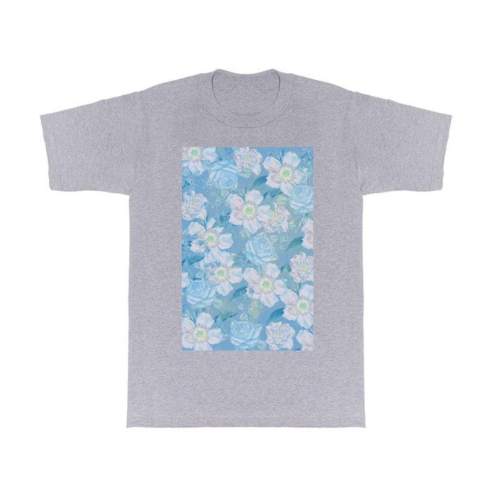 Blue Vintage Rose Pattern T Shirt