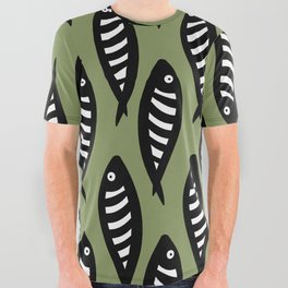 Abstract black and white fish pattern Sage green All Over Graphic Tee