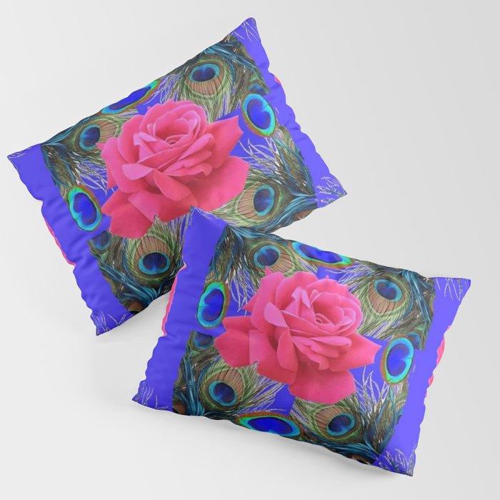 CONTEMPORARY PINK ROSES & PEACOCK FEATHERS BLUE ART Pillow Sham