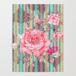 Shabby Chic Pink Flowers Leaf and Colorful Stripes  Poster
