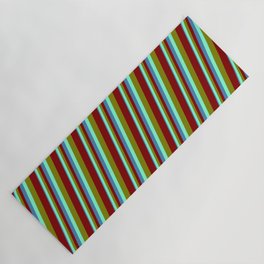 [ Thumbnail: Blue, Aquamarine, Green & Maroon Colored Stripes Pattern Yoga Mat ]