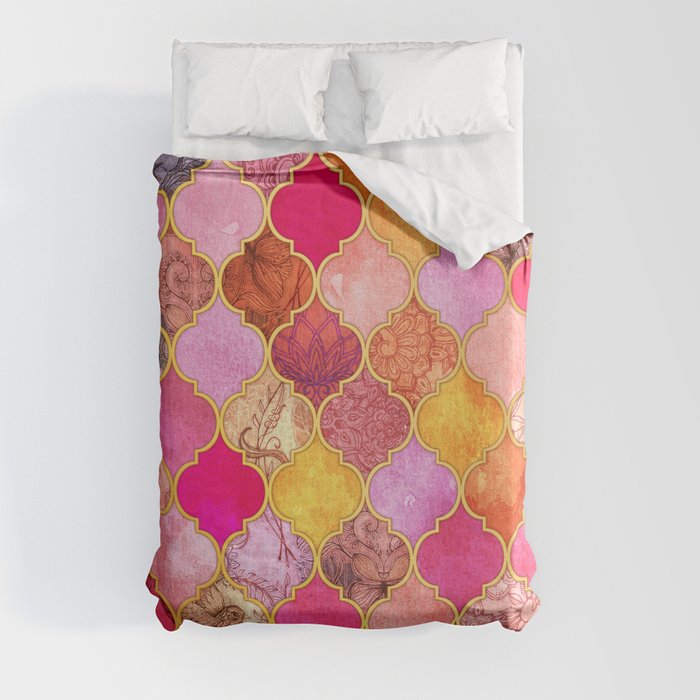 Hot Pink, Gold, Tangerine & Taupe Decorative Moroccan Tile Pattern Duvet Cover
