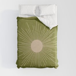 Mid-Century Modern Sunburst II - Minimalist Sun in Mid Mod Beige and Olive Green Comforter