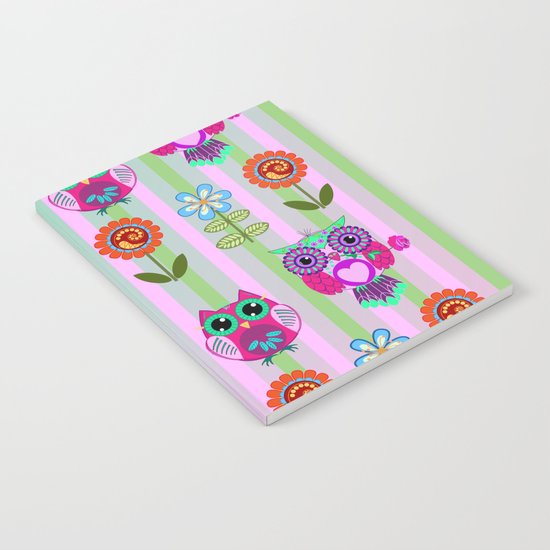 Fantasy summer flowers and owls on a striped background, pattern design Notebook