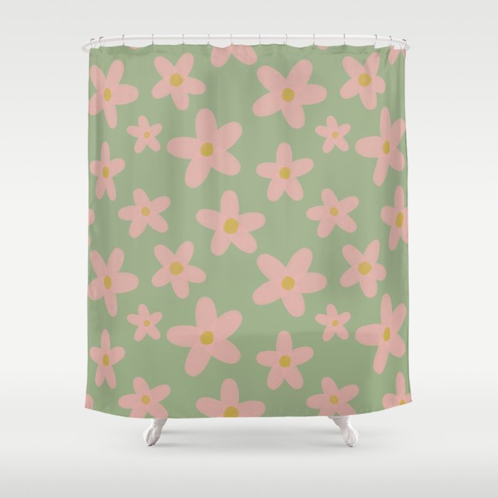 Simple Daisy Pattern Pink Blush Sage Green Shower Curtain