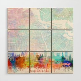 Amsterdam Skyline Map Watercolor, Print by Zouzounio Art Wood Wall Art