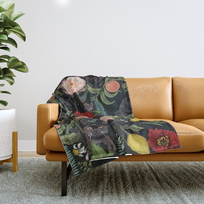 Botanical and Black Cats Throw Blanket