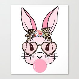 Cute Bunny With Leopard Glasses Bubblegum Easter Day T-Shirt Canvas Print