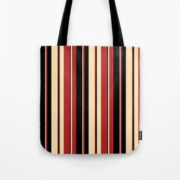 [ Thumbnail: Beige, Red, and Black Colored Striped Pattern Tote Bag ]