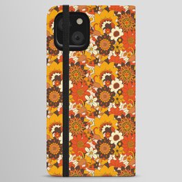 Retro 70s Flower Power, Floral, Orange Brown Yellow Psychedelic Pattern iPhone Wallet Case