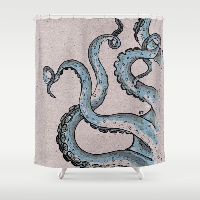 Grey blue Tentacles Woodblock style Shower Curtain