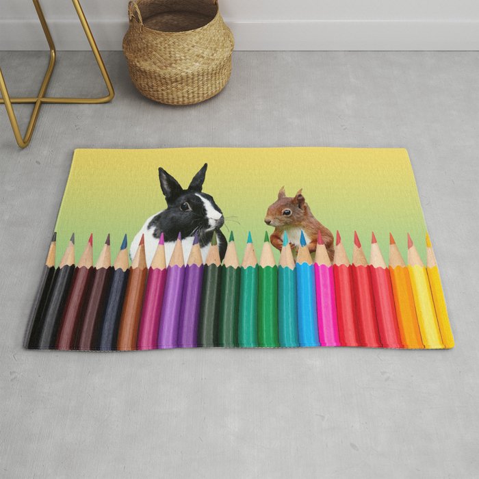 Colored Pencils - Squirrel & black and white Bunny - Rabbit Rug