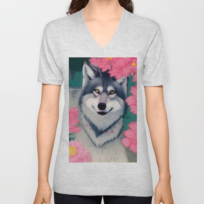Wolf with Spring Flowers V Neck T Shirt