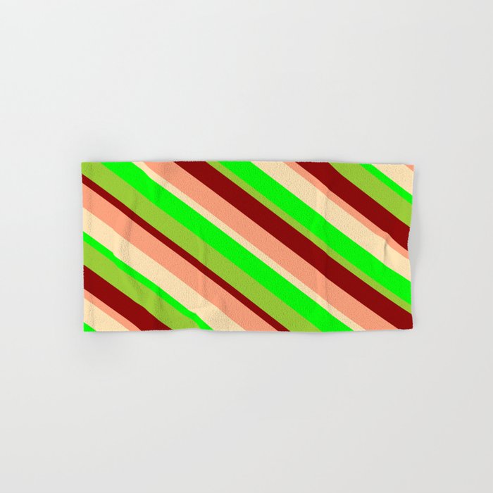 Vibrant Light Salmon, Beige, Lime, Green & Dark Red Colored Stripes/Lines Pattern Hand & Bath Towel