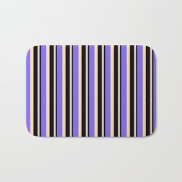 [ Thumbnail: Black, Tan, and Medium Slate Blue Colored Stripes/Lines Pattern Bath Mat ]