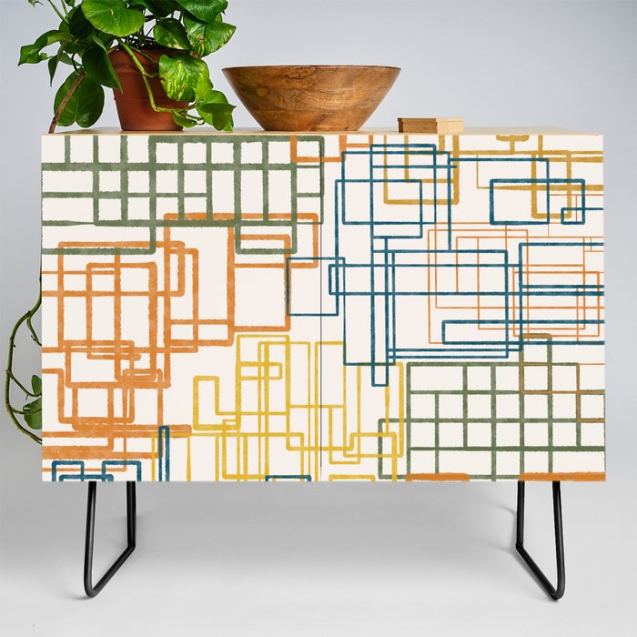 Mid-Century Modern Geometric Watercolor Abstraction in Moroccan Orange Ochre Olive Teal Cream Credenza