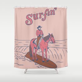 Surfin' Shower Curtain | Illustration, Yeehaw, Curated, Beach, Typography, Lettering, Wildwest, Horse, Groovy, Blue 