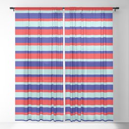 [ Thumbnail: Turquoise, Dark Blue & Red Colored Stripes/Lines Pattern Sheer Curtain ]