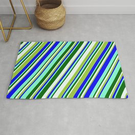 [ Thumbnail: Eyecatching Green, Blue, Aquamarine, Dark Green, and Mint Cream Colored Stripes Pattern Rug ]