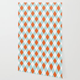 Aqua, Mint and Coral Orange Argyle Pattern Wallpaper