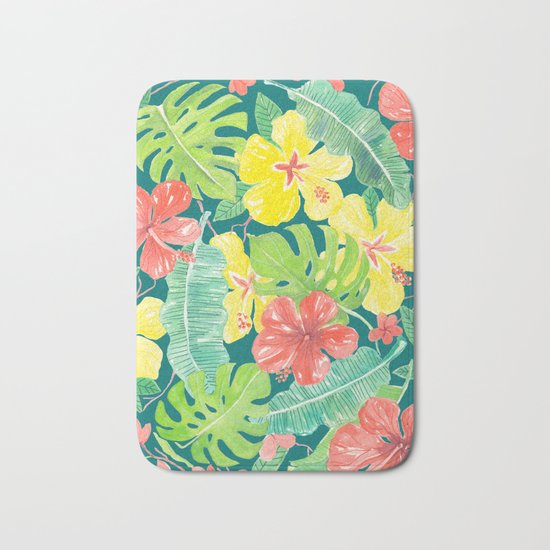 Tropical garden, hibiscus plumeria and palm leaves Bath Mat