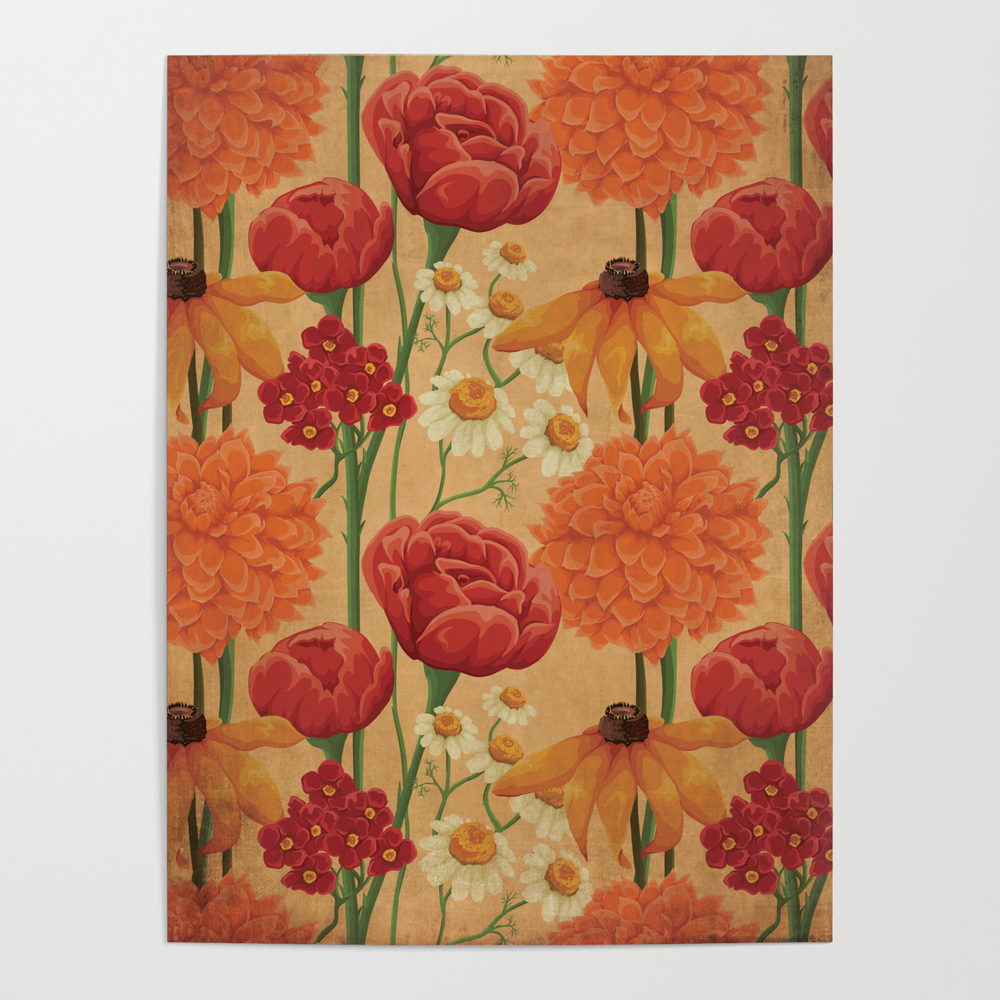 Kitschy Sunflower and Peony Bouquet in Autumn Palette Poster by loriagoree
