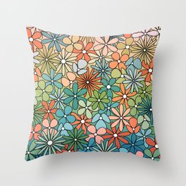 Mid Century Modern Flower Patch // Poppy Red, Coral, Salmon, Green, Blue Throw Pillow