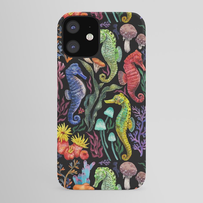 Undersea seahorses，mushrooms and corals- black iPhone Case