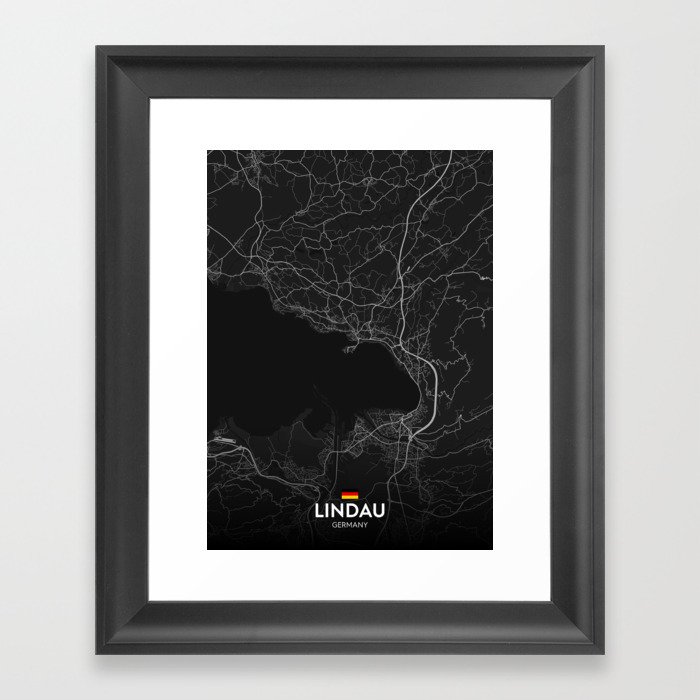 Lindau, Germany - Dark City Map Framed Art Print