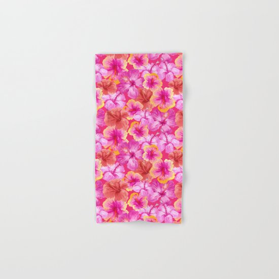 Tropical hibiscus flowers flower floral pattern on pink Hand & Bath Towel