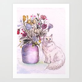 White Cat Under the Flowers Art Print