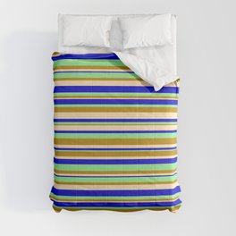 [ Thumbnail: Light Green, Dark Goldenrod, Beige, and Blue Colored Stripes/Lines Pattern Comforter ]