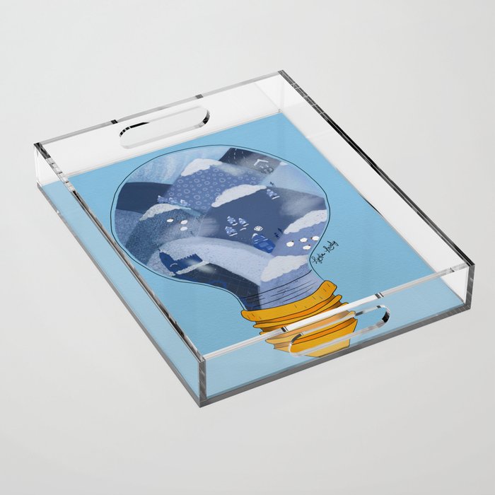 Snowy landscape in lamp- blue background Acrylic Tray