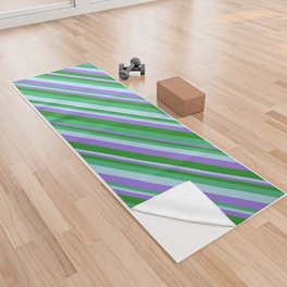 [ Thumbnail: Sea Green, Light Blue, Purple, and Forest Green Colored Lines/Stripes Pattern Yoga Towel ]