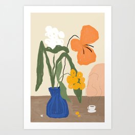 Coffee and Flowers - Colorful Still Life - orange blue yellow white black green Art Print