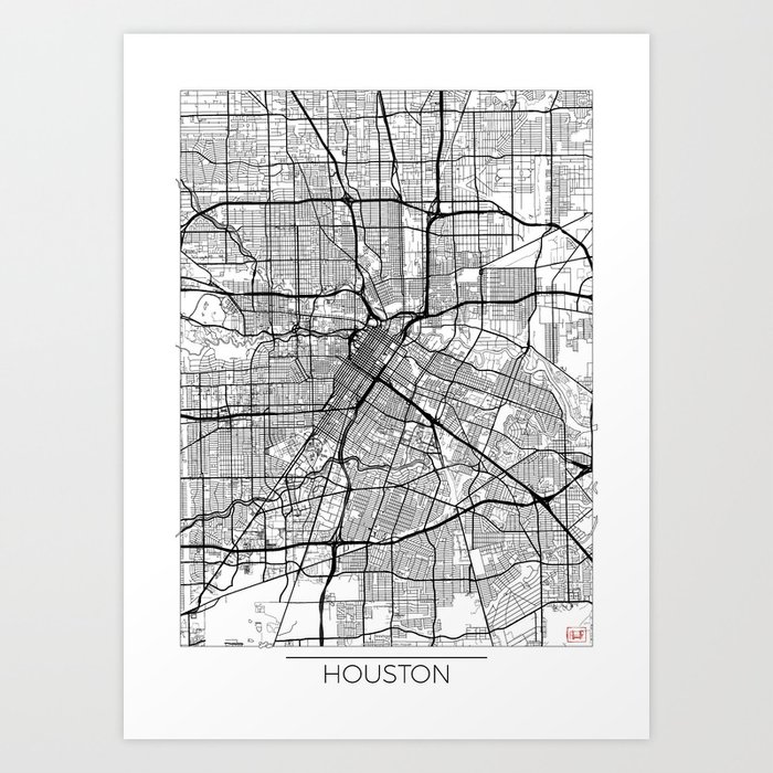 Houston Map White Art Print.