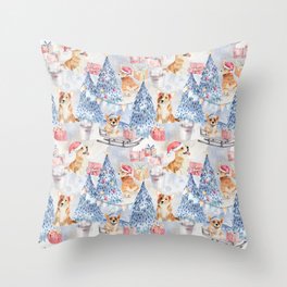 Welsh Corgi Dog Breed Christmas Watercolor Woodland Party -Cute Corgis Celebrate X-Mas In Forest Throw Pillow