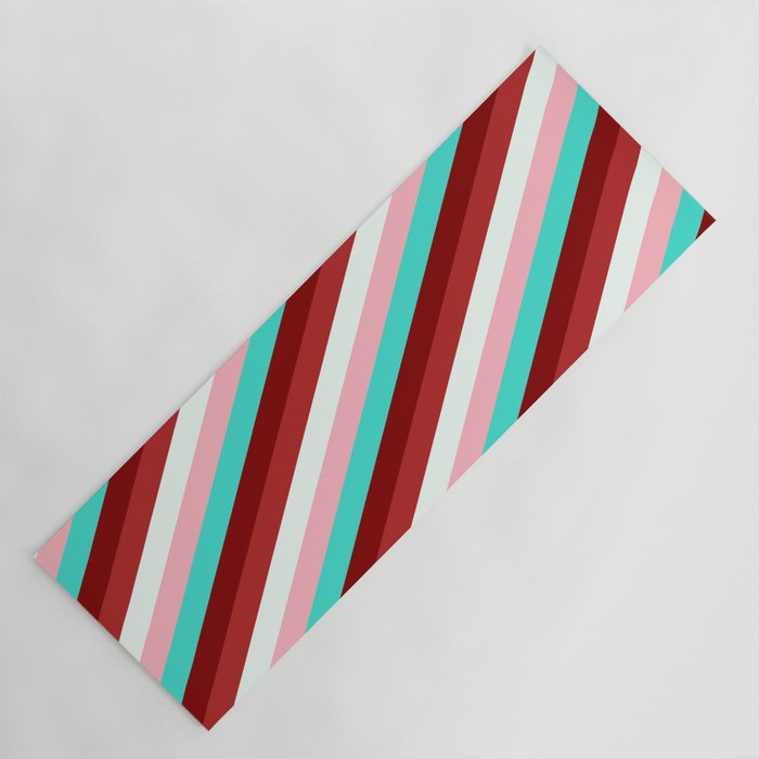 Light Pink, Turquoise, Maroon, Red, and Mint Cream Colored Lined/Striped Pattern Yoga Mat