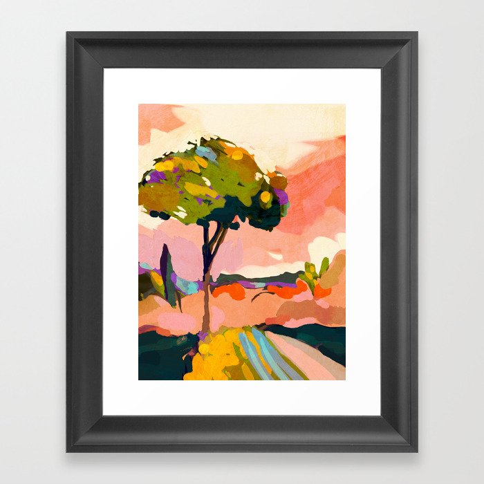 sundown with tree landscape Framed Art Print