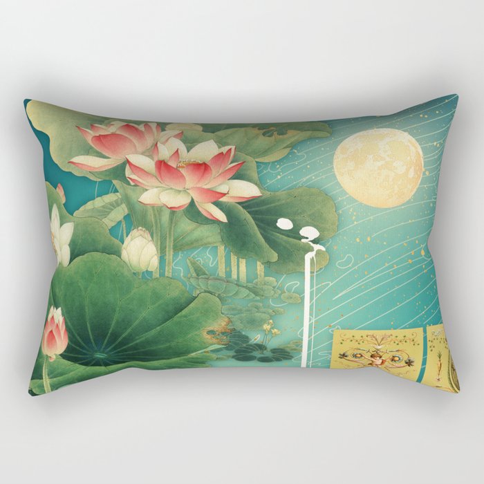 Chinese Lotus Full Moon Garden :: Fine Art Collage Rectangular Pillow