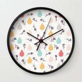 Spring Rain Showers Wall Clock | Floral, Spring, Pink, Scarlet, Teardrop, Gold, Pattern, Rainyday, Showers, Colorful 