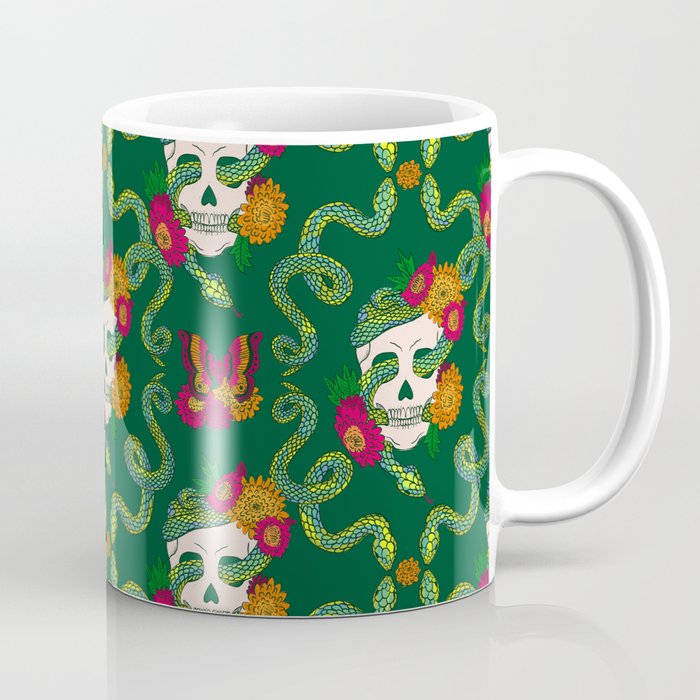 Floral Skull Snake - Deep Emerald Coffee Mug