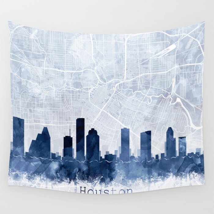 Houston Skyline & Map Watercolor Navy Blue, Print by Zouzounio Art Wall Tapestry