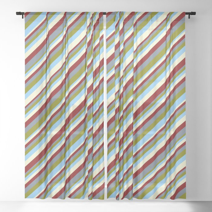 Maroon, Slate Gray, Green, Light Sky Blue, and Light Yellow Colored Stripes/Lines Pattern Sheer Curtain
