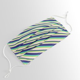 [ Thumbnail: Green, Beige, Midnight Blue & Turquoise Colored Lined/Striped Pattern Face Mask ]