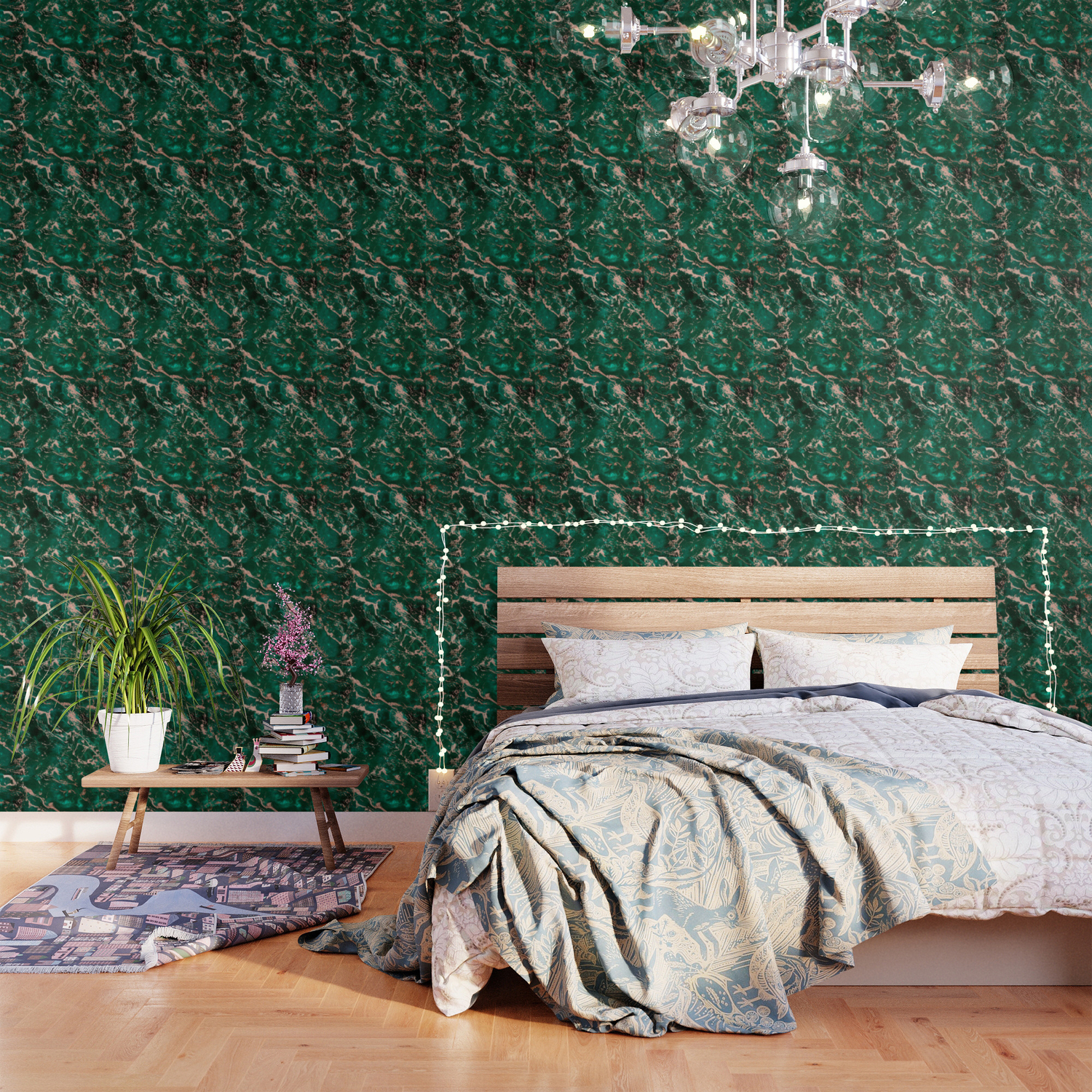 Modern Rose Gold Marble Green Emerald Watercolor Pattern Wallpaper