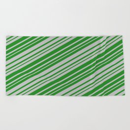 [ Thumbnail: Forest Green & Grey Colored Stripes Pattern Beach Towel ]