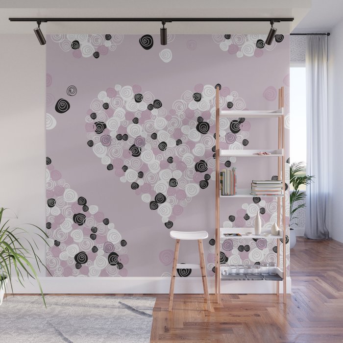 Rose hearts pattern blush, pink, black and white Wall Mural