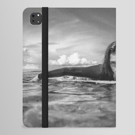 Surfer girl; portrait of young sportswoman in wetsuit on surfing board in ocean at Nusa dua Beach, Bali, Indonesia black and white photograph - photography - photographs by Yuliya Kirayonak  iPad Folio Case
